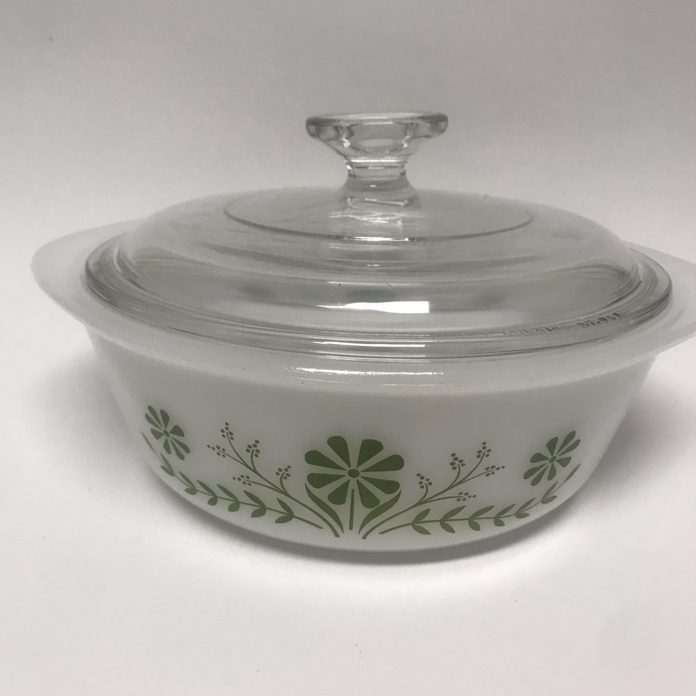 Vintage Green Daisy Glassbake Casserole Dish